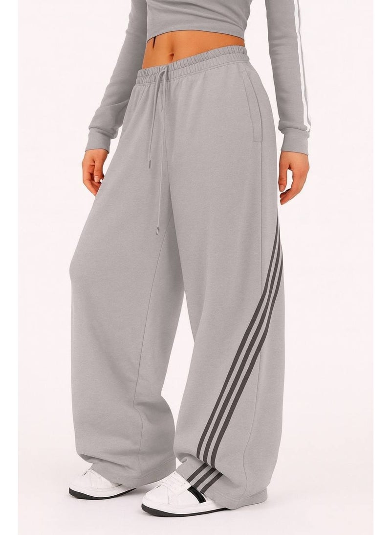 Women's Wide-Leg Striped Sweatpants with Elasticated Drawstring Waist - Light Grey